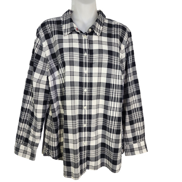 Talbots Petite Shirt Womens XLP Black Cotton Long Sleeve Button Plaid Metallic - Picture 1 of 8